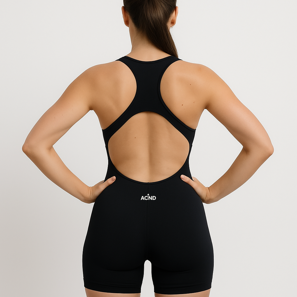 Azure Blue Dynamic open back unitard (Back View) – Ascend Active activewear