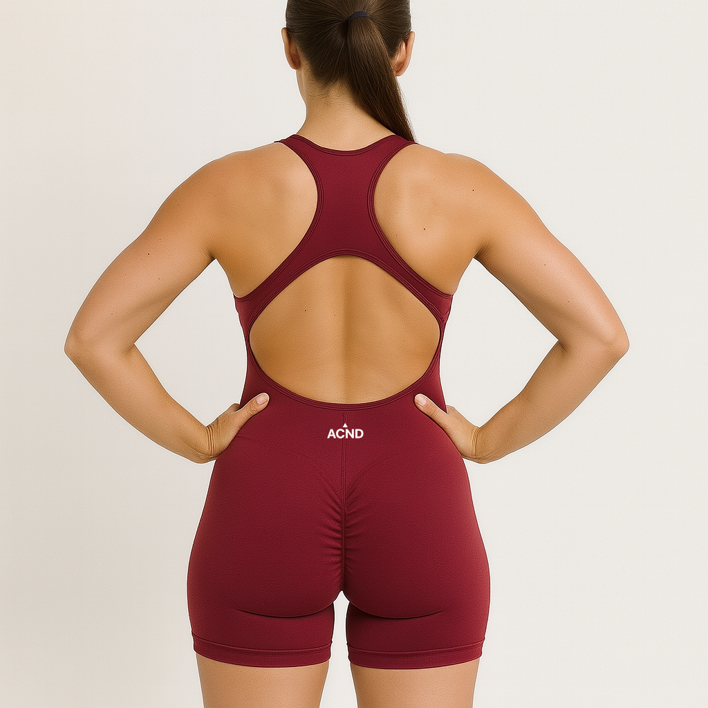 Burgundy Dynamic open back unitard (back view) – Ascend Active activewear