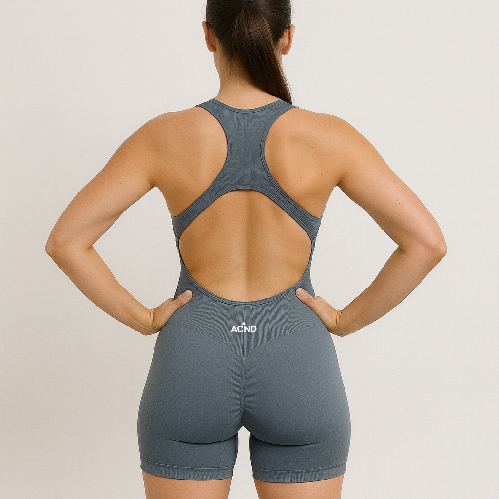 Light slate grey Dynamic open back unitard (back view) – Ascend Active activewear