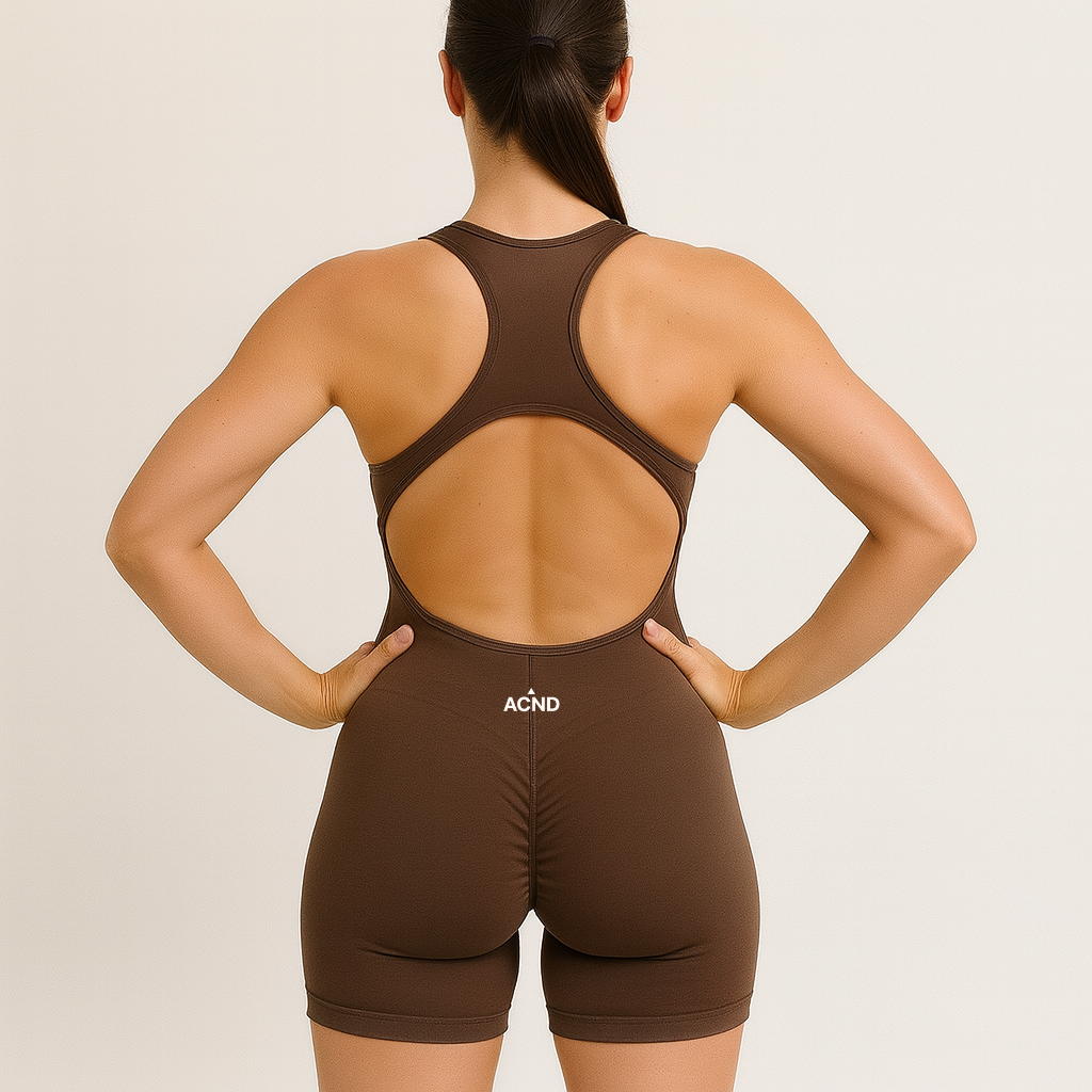 Mocha Dynamic open back unitard (back view) – Ascend Active activewear