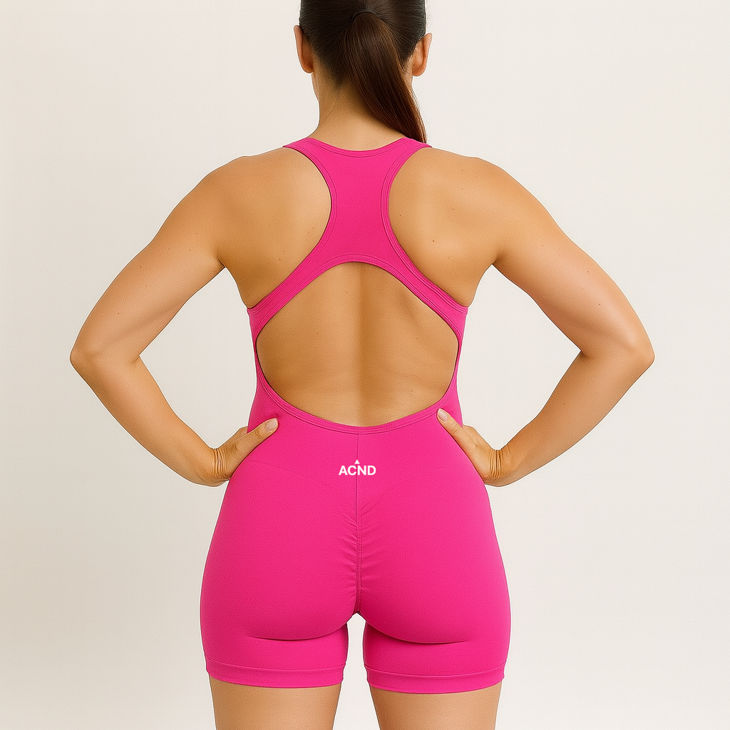 Hot Pink Dynamic open back unitard (back view) – Ascend Active activewear